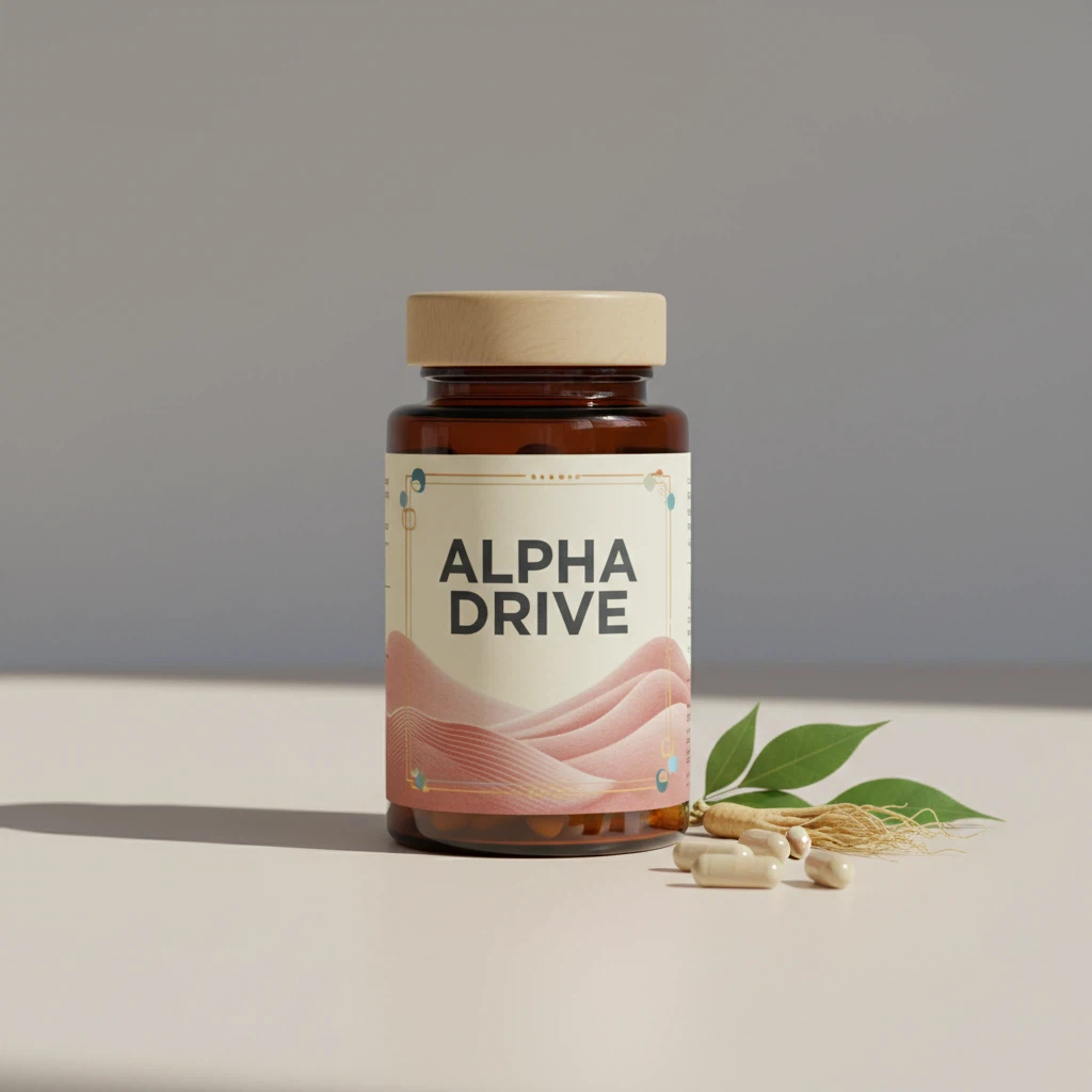 Alpha Drive supplement pot - donkerblauwe pot met zilveren schroefdeksel, witte etikette met 'Alpha Drive' in vette letters en groen bladaccent
