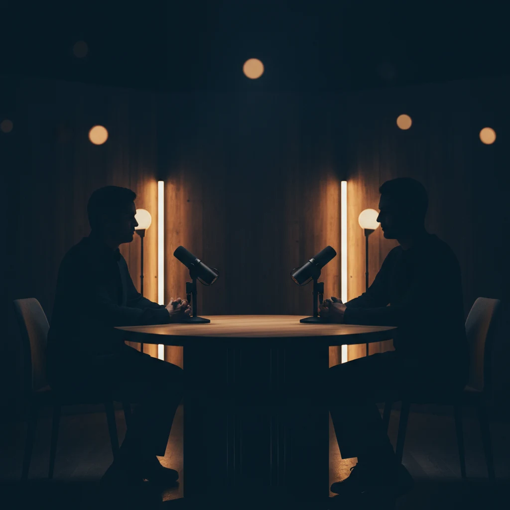 Twee anonieme silhouetten aan een ronde tafel in een warmelijk verlicht redactioneel studiogebouw, met microfoons op tafel, geen herkenbare gezichten